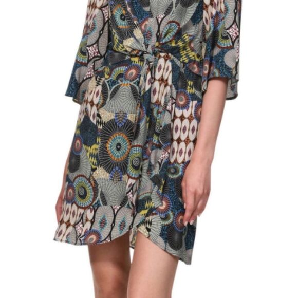 NWT Womens Desigual Mina 3/4 Sleeve Geometric Tie Front Dress size 44 (US 10) - Picture 3 of 15